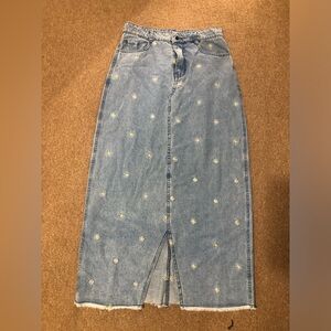 NWOT Blue Denim Maxi Skirt with Floral Embroidery